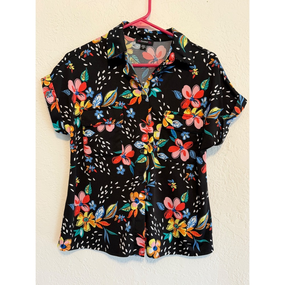 Cocomo Womens Floral Button Down Shirt Black Tropical Short Sleeve Size M